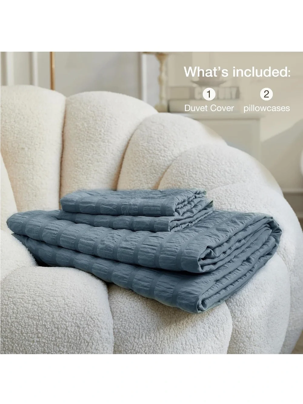 NEW JELLYMONI Sierra Blue Seersucker Duvet Cover Set. Breathable w/Zipper. Queen
